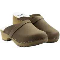 Bresco Damen-Holzclogs aus braunem Nubukleder mit Riemen – Bequeme Holzpantoletten mit niedrigem Absatz 37
