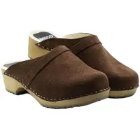 Bresco Damen-Holzclogs aus braunem Veloursleder mit Riemen – Bequeme Holzpantoletten mit niedrigem Absatz 41