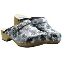 Bresco Damen Holzclogs aus Echtleder Grau mit floralem Muster – Bequeme Holzpantoletten mit verstellbarem Riemen 38