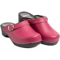 Bresco Damen Holzclogs aus Echtleder Himbeere mit schwarzer Holzsohle – Bequeme Holzpantoletten mit verstellbarem Riemen 42