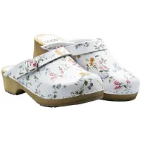 Bresco Damen Holzpantoletten aus Naturleder Weiß mit floralem Muster – Bequeme Holzclogs mit verstellbarem Riemen 40
