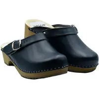 Bresco Damen Holzclogs aus Echtleder Dunkelblau – Bequeme Holzpantoletten mit verstellbarem Riemen 39
