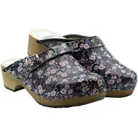 Bresco Damen Holzclogs aus Echtleder Schwarz mit floralem Muster – Bequeme Holzpantoletten mit verstellbarem Riemen 39