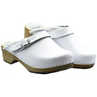 Bresco Damen Holzclogs aus Echtleder Weiß – Bequeme Holzpantoletten mit verstellbarem Riemen 42