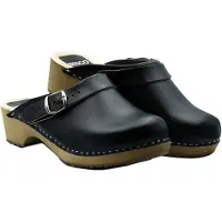 Bresco Damen Holzclogs aus Echtleder Schwarz – Bequeme Holzpantoletten mit verstellbarem Riemen 36