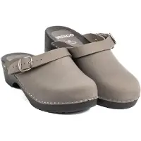 Bresco Damen Holzclogs aus Nubukleder Grau mit schwarzer Holzsohle – Bequeme Holzpantoletten mit verstellbarem Riemen 38