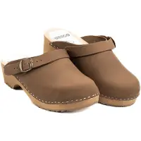 Bresco Damen Holzclogs aus Nubukleder Braun mit heller Holzsohle – Bequeme Holzpantoletten mit verstellbarem Riemen 41
