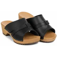 Bresco Damen Holzclogs Schwarz aus Echtleder – Klassische Pantoletten mit Holzsohle 41