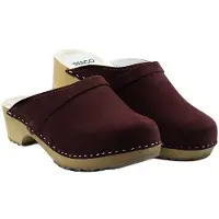 Bresco Damen-Holzclogs aus bordeauxrotem Veloursleder mit Riemen – Bequeme Holzpantoletten mit niedrigem Absatz 39