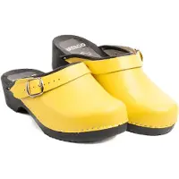 Bresco Damen Holzclogs aus Echtleder Gelb mit schwarzer Holzsohle – Bequeme Holzpantoletten mit verstellbarem Riemen 41
