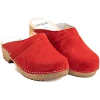 Bresco Damen-Holzclogs aus rotem Veloursleder mit Riemen – Bequeme Holzpantoletten mit niedrigem Absatz 42