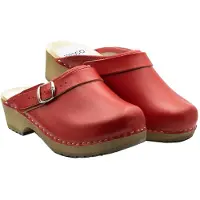 Bresco Damen Holzclogs aus Echtleder Rot – Bequeme Holzpantoletten mit verstellbarem Riemen 38