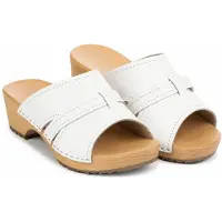 Bresco Weiße Damen Holzclogs aus Echtleder – Bequeme Clogs mit Holzsohle und Blockabsatz 36
