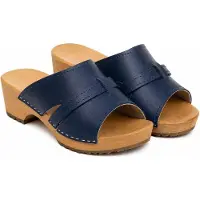 Bresco Damen Holzclogs Dunkelblau aus Echtleder – Klassische Pantoletten mit Holzsohle 40