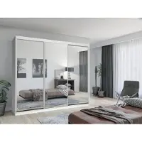 Krudox LUX Weiß Schiebetürenschrank Kleiderschrank 250x216x62 cm mit Spiegel - Schlafzimmermöbel – Mehrzweckschrank mit 2 Kleiderstangen und 3 Schubladen