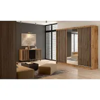 Krudox LNPR 250 cm Eiche Wotan Schwebetürenschrank Mit Spiegel Breiten 203/250 cm Kleiderschrank Für Wohnzimmer Mit Kleiderstange und 2 Schubladen