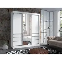 Krudox HAI Kleiderschrank Schiebetür Weiß 180x216x65 cm mit Spiegel 6 Schubladen 2 Kleiderstangen Schlafzimmer Mehrzweckschrank
