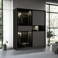 Krudox DRE Graphit Schiebetürenschrank Kleiderschrank 203x217x60 cm - Schlafzimmermöbel, Aufbewahrung – Mehrzweckschrank mit Kleiderstange