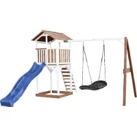 Axi Beach Tower Spielturm aus Holz in Braun & Weiß | Spielhaus für Kinder mit blauer Rutsche, Nestschaukel und Sandkasten | Stelzenhaus für den Garten