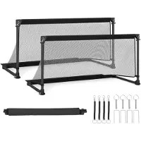KOMFOTTEU 120 x 57 x 60 cm tragbares Fußballtor, faltbares Fussballtor mit stabilem Metallrahmen, wetterfestes PE-Netz & 4 U-förmige Erdspieße, einfache Montage, Torwand für Freizeit & Training