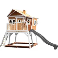 Axi Spielhaus Max mit Sandkasten & grauer Rutsche | Stelzenhaus in Braun & Weiß aus FSC Holz für Kinder | Spielturm mit Wellenrutsche für den Garten