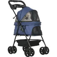 PawHut Zusammenklappbarer Hundewagen für kleine Hunde mit Universalrädern, Aufbewahrungskorb, Sicherheitsgurten und Fenstern, 67 x 45 x 96 cm, Dunkelblau