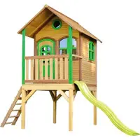 Axi Spielhaus Laura mit hellgrüner Rutsche | Stelzenhaus in Braun & Grün aus Holz für Kinder | Spielturm mit Wellenrutsche für den Garten