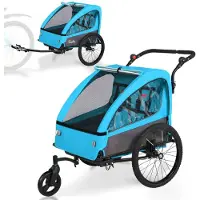 Zimilo 2-in-1 Fahrradanhänger & Kinderwagen für 1-2 Kinder, gefederter Kinderanhänger mit 5-Punkt-Gurt, klappbar mit Universalkupplung, Blau