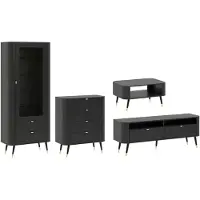 Feldmann-Wohnen Wohnzimmer-Set Blinx Wohnwand-Set Setgröße wählbar Schwarz gold,Kommode mit 4 Schubladen, Lowboard, Vitrine, Couchtisch