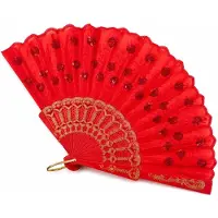 OEM Faltfächer - Kunststoff und Polyester - für Sommerveranstaltungen - 23 cm geschlossen 42 cm offen - 118 Pailletten rot