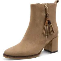 Marco Tozzi Stiefelette , Damen, Gr. 37, Textil, beige, Veloursleder, unifarben, used, Schuhe Stiefelette, Cowboy-Boots, Ankle Boots mit Kordel-Schmuckelement