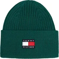 Tommy Hilfiger Beanie "HERITAGE FLAG BEANIE", Damen, Gr. S/M, grün (rural grün), Strick, Baumwolle, unifarben, Mützen Beanie, Regular fit mit Markenlogo