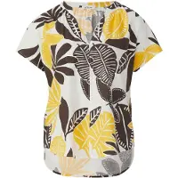 s.Oliver Kurzarmbluse , Damen, Gr. 40, bunt (braun gelb), Obermaterial: 52% Leinen, 48% Viskose, bedruckt, regular fit Po-bedeckend, V-Ausschnitt, Blusen Kurzarmbluse, mit All-Over Print