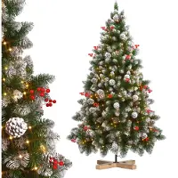 LZQ 180cm Künstlicher Weihnachtsbaum mit Holzständer Tannenbaum für Weihnachten-Dekoration mit Leds, Schnee, Kiefernzapfen und Rote Beeren