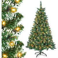 UISEBRT Künstlicher Weihnachtsbaum mit Beleuchtung 180cm LED Weihnachtsbäume Tannenbaum Dekobaum mit Lichterkette und Ständer Grün PVC mit Schnee-Effekt & Kiefernzapfen