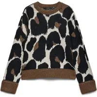 Vero Moda Strickpullover "VMLEONIE LS O-NECK PULLOVER BOO", Damen, Gr. XS, braun (cocoa braun pattern:schwarz, birch, leo), Pullover Strickpullover, Materialmix
