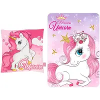 Unyqoos Einhorn‑Schlafset – Fleece‑Decke & quadratisches Kissen, rosa‑lila Princess Unicorn Design mit weißem Einhorn und rosa Mähne, weich & dekorativ, für Kinder
