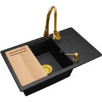 Brado ZIRCON 8010 Granitspüle mit 1 Becken und Abtropffläche, Schneidebrett, Siphon, Küchenarmatur und Seifenspender