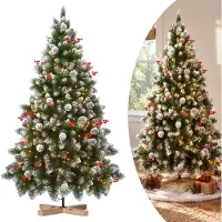 XINZI Künstlicher Weihnachtsbaum 225cm mit integrierten LED-Lichtern, Schneeoptik, Tannenzapfen, rote Beeren, Massivholzständer, Weihnachtsdekoration