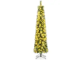 Costway Künstlich Weihnachtsbaum 150cm, Bleistift Tannenbaum mit 90 warmweißen LEDs, 8 Lichtmodi, 198 PVC-Spitzen & Kiefernnadeln, Christbaum schmal