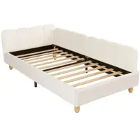 OKWISH Kinderbett 90x200 Polsterbett mit gepolstertes Kopfteil und Rausfallschutz Einzelbett mit Seitentasche und Massivholz-Bettbeinen Beige (ohne Matratze)