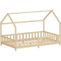 ML-Design Kinderbett 120x200cm mit Rausfallschutz, Dach & Lattenrost Natur Montessori Bodenbett aus massivem Kiefernholz Hausbett für Mädchen & Jungen