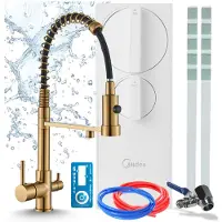 ARI Küchenarmatur Mit Wasserfilter Solid Spring, Ro5 400 Gpd, Tanklos, Messing, Keramikkartusche, Perlator, Zweigriffarmatur, Gebürstetes Gold