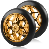 GOMETY 2 Stück Stunt Scooter Rollen 110 mm, Scooter Ersatzräder, 88A Rollerräder für Stunt mit ABEC-9 Lager Aluminium Speichenkern, ErsatzräderScooter Räder für allerlei(Gold, Bohren)