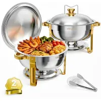 Vevor Chafing Dish Rund 2er-Set je 5,68 L aus Edelstahl Warmhaltebehälter Ideal für Hochzeiten, Partys & Familienfeiern, zum Warmhalten oder Kühlen von Speisen, 2 Speisebehälter, Zange & Glasschale