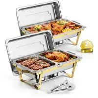 Vevor Chafing Dish 2er-Set je 8,52 L Edelstahl Warmhaltebehälter Ideal für Hochzeiten, Partys und Bankette, 1 Behälter in Voller Größe und 2 Behälter in Halber Größe, , Servierzange, Glasschale