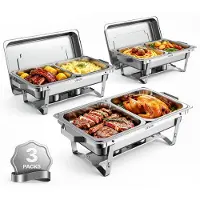 Vevor Chafing Dish 3er-Set je 8,52 L Edelstahl Warmhaltebehälter für Buffets, Hochzeiten & Partys, Warme und Kalte Speisen Servieren, Brennstoffbehälter, 6 Behälter in Halber Größe, Faltbarer Ständer