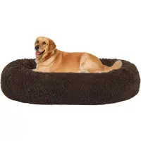 HMTOPE Orthopädisches Hundebett rund, Donut-Form, kuschelig, waschbar, 100 cm Ø, Braun