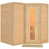 Karibu Sauna Innensauna Sahib 2 Eckeinstieg ohne Zubehör 236x184x208 cm ohne Dachkranz mit Klarglastür