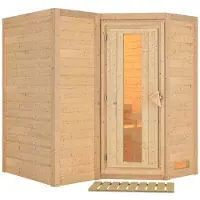 Karibu Sauna Innensauna Sahib 2 Eckeinstieg Ofen 9 KW externe Strg easy 264x198x214 cm mit Dachkranz mit Energiespartür